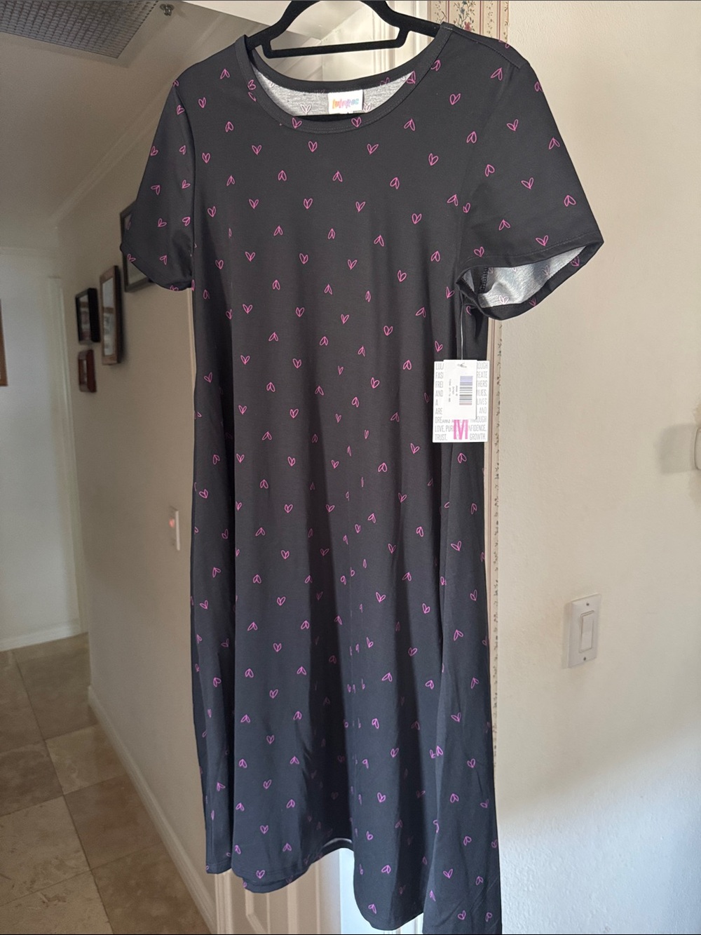 LuLaRoe Jessie Black Midi Dress with Pink Heart Doodle Print
